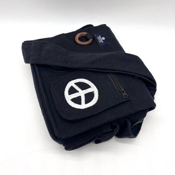 Lukla Black Messenger Bag with Peace Sign Embroidery - Picture 4 of 14